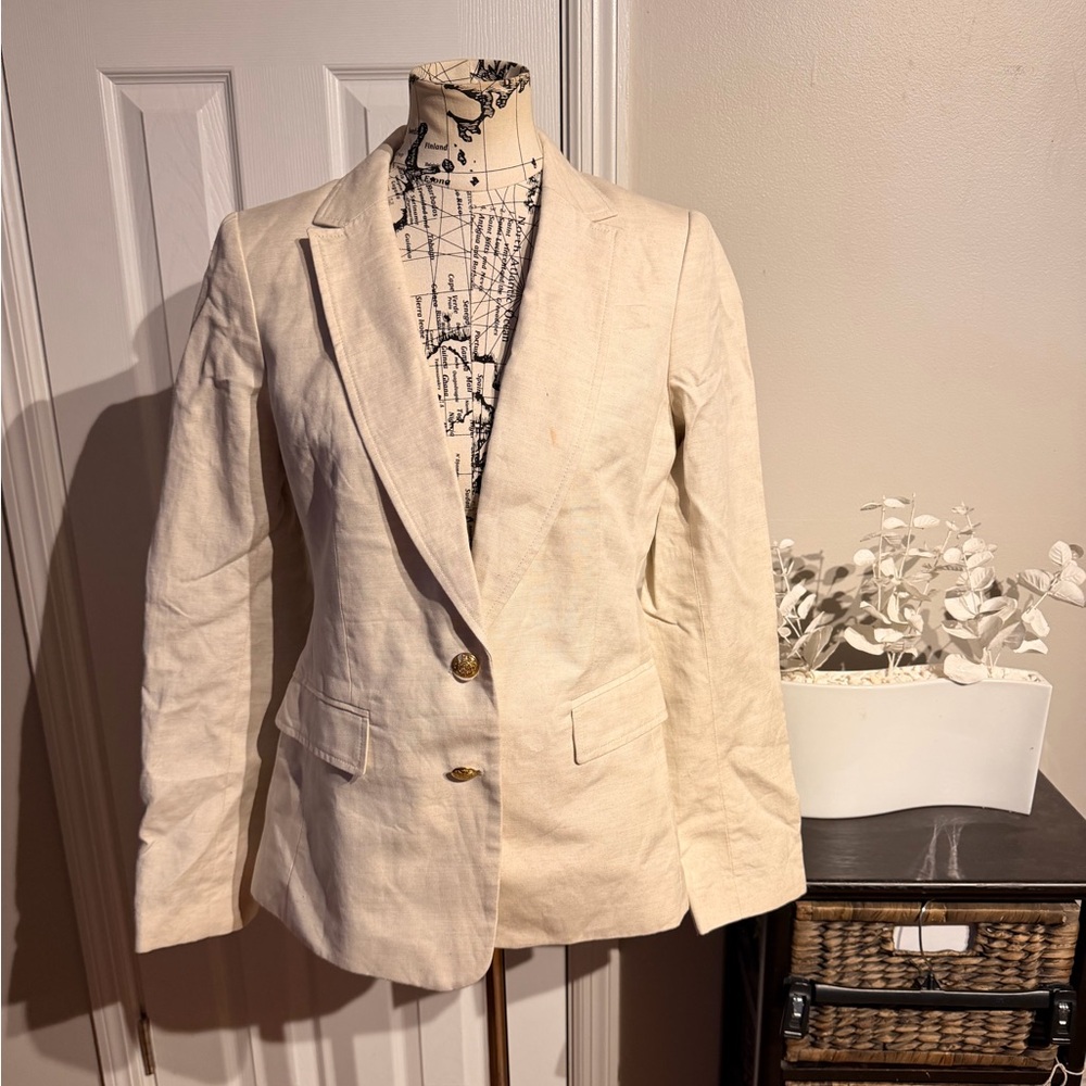 Banana Republic Linen Cotton Tailored Well Made Tan Blazer Gold Buttons Sz 10